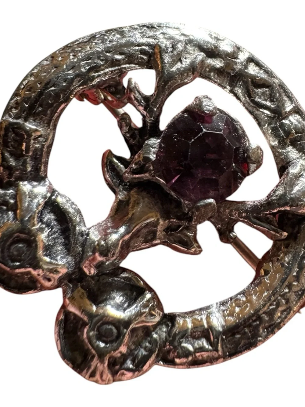Vintage Silver-Tone Brooch with Deep Red Crystal Accent